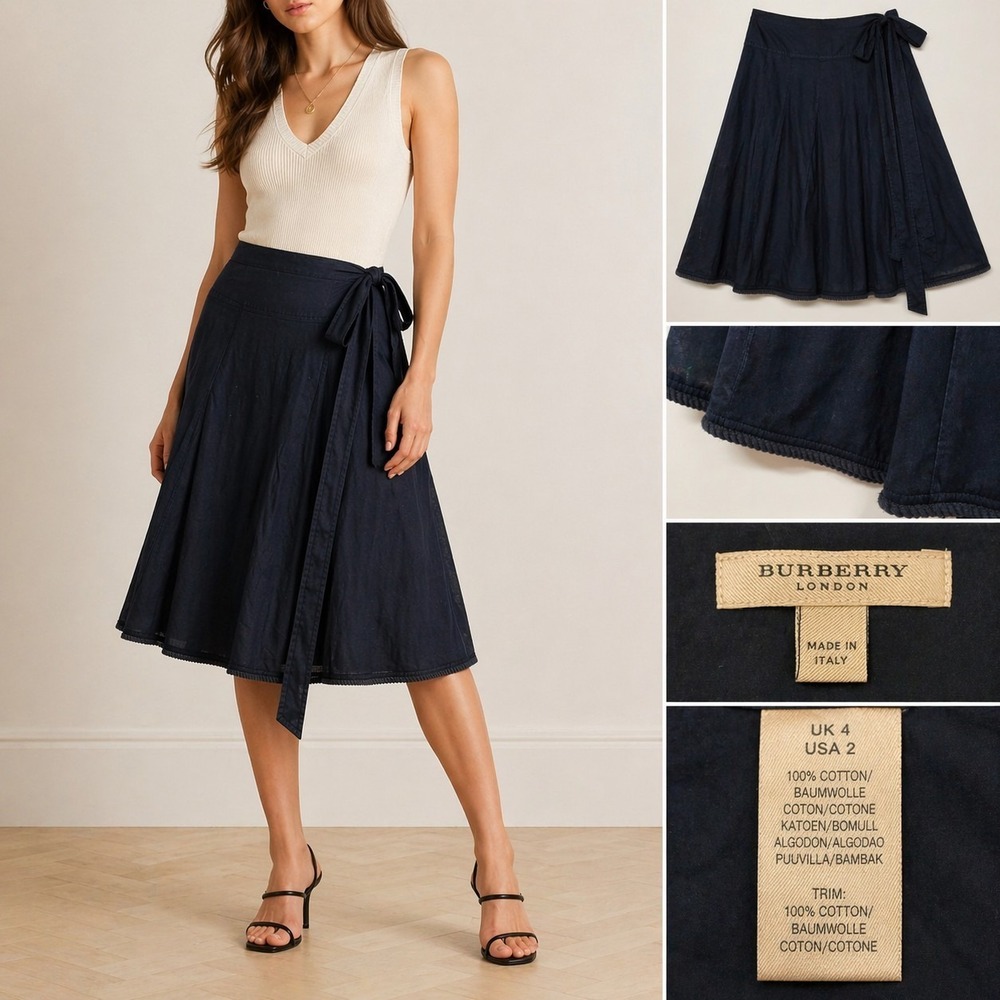 Burberry London Navy A-Line Skirt Tie Detail 100% Cotton Italy US 2 Capsule